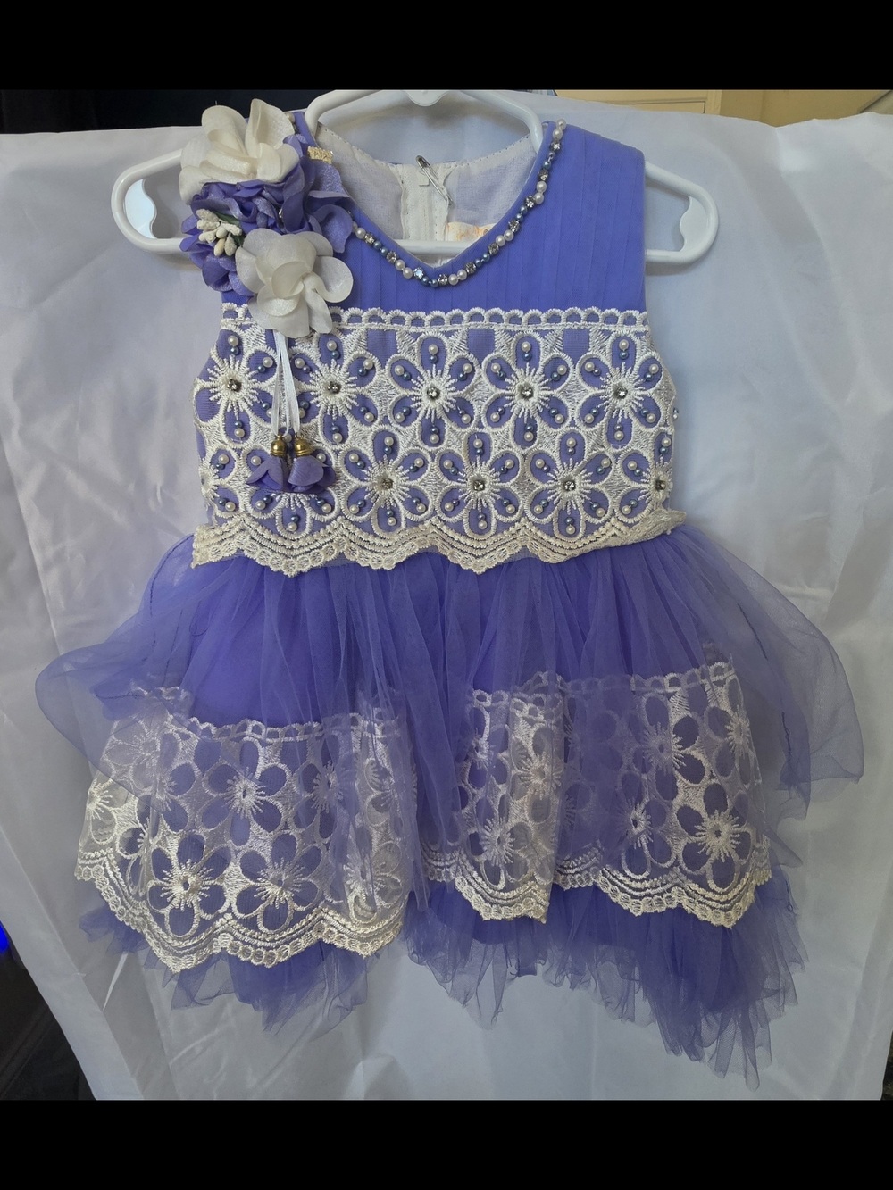 Girls Purple Lace Tulle Party Dress with Floral Appliqué